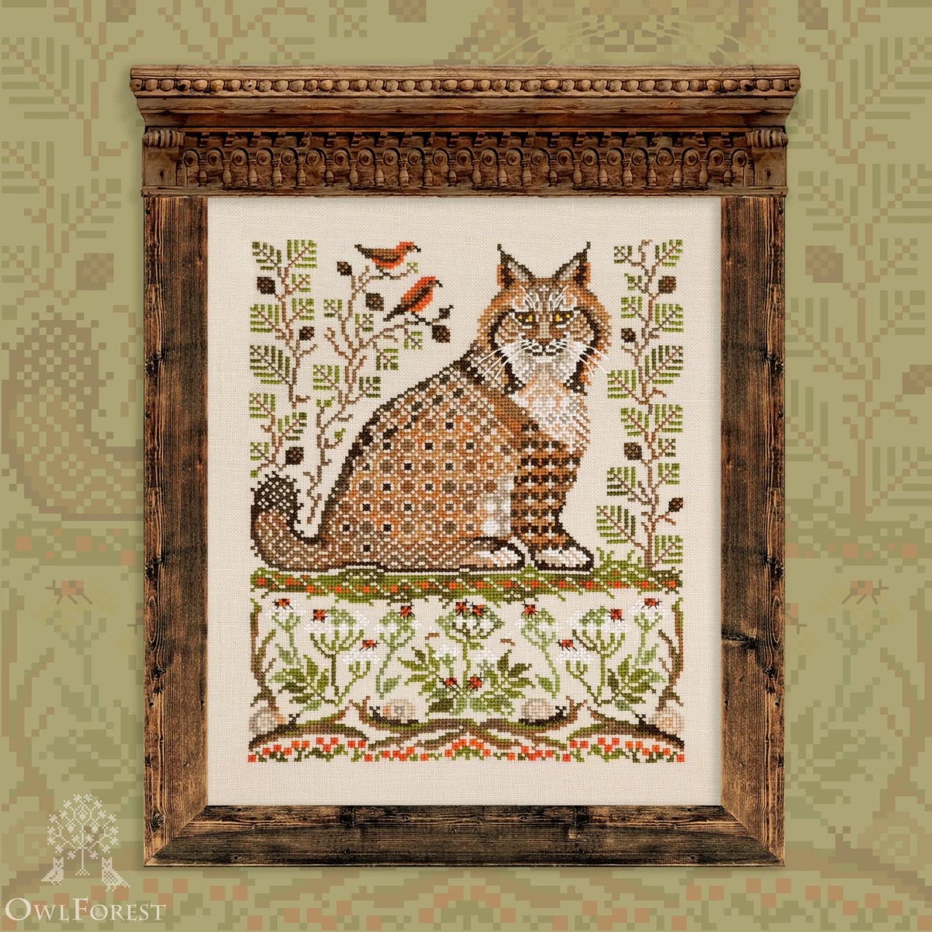 Bobcat by Owl Forest Embroidery 2026 printed cross-stitch pattern Set of Hand-Dyed Threads DMC 32ct. with 2 strands