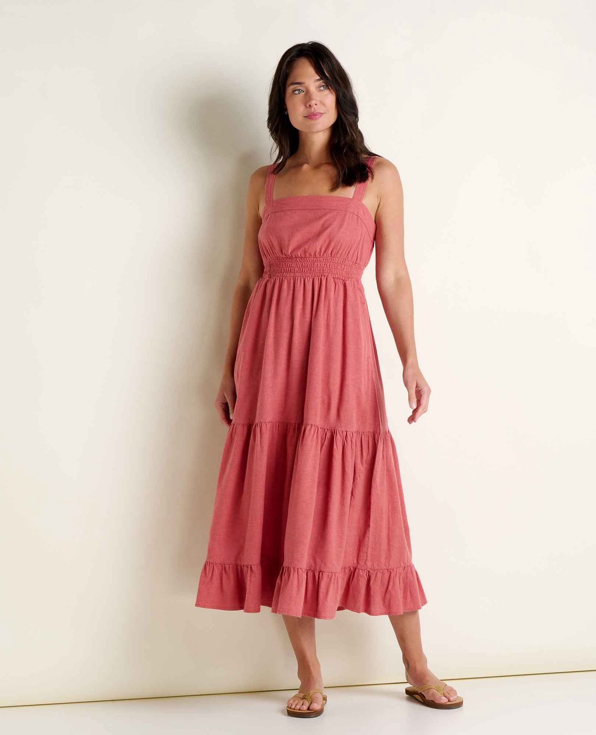 TAJ HEMP TIERED MIDI DRESS, Color: DUSTY CEDAR, Size: XS