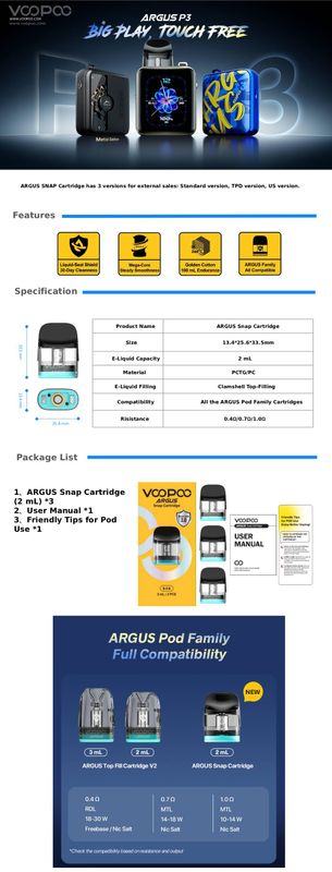 VOOPOO ARGUS SNAP 0.4 Ohm 2 ml Kartuş (3'lü Paket)
