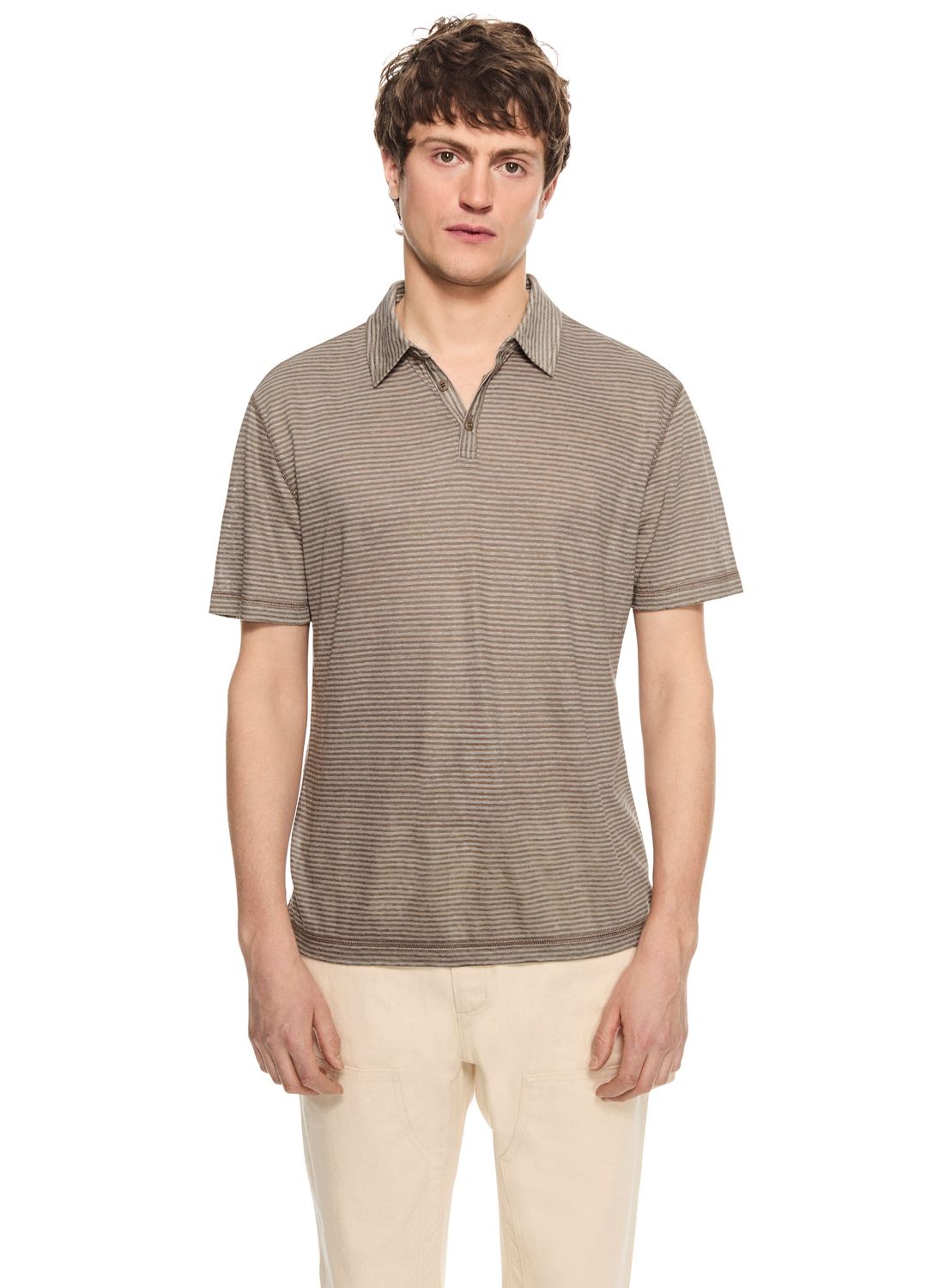 Linen Stripe Polo Shirt (Khaki)- ON THIS DAY