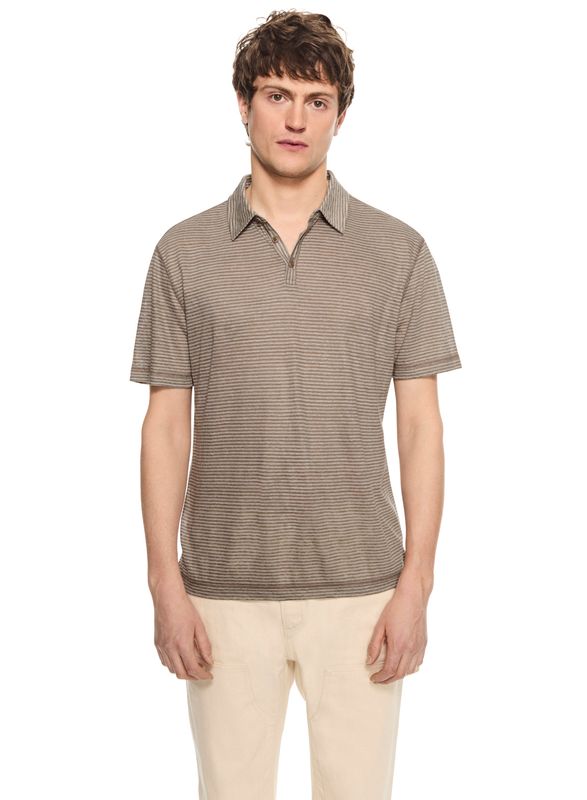 Linen Stripe Polo Shirt (Khaki)- ON THIS DAY