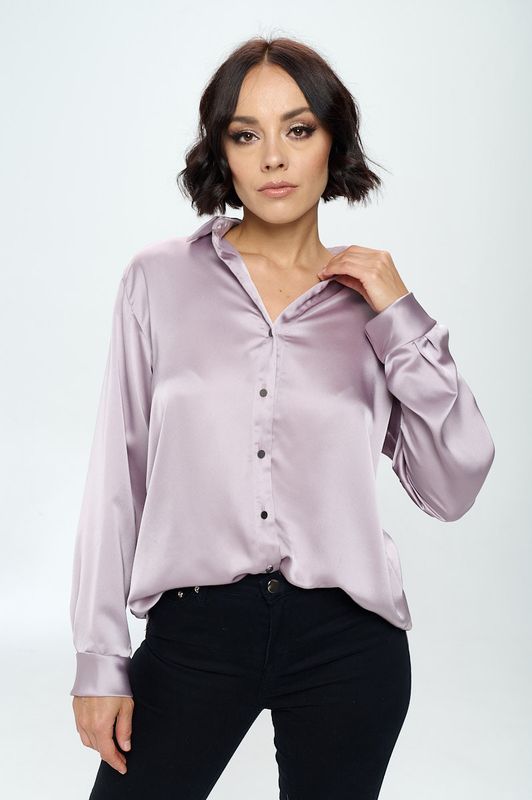 Stretch Satin V neck Blouse with Collar-Reneecollection