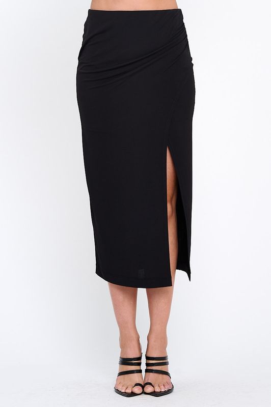 Solid Ruched Midi Skirt with Slit-Reneecollection