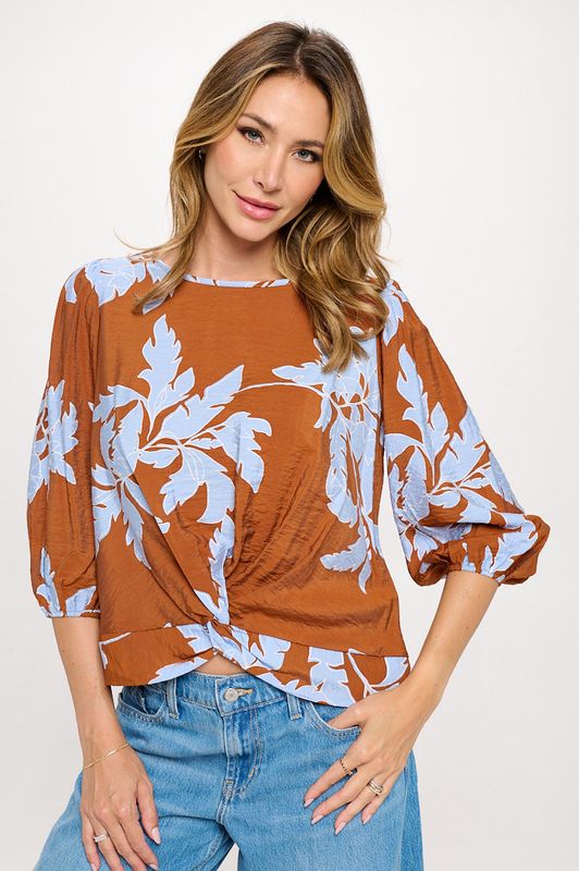 Floral Print 3/4 Sleeve Top with Front Twist-Reneecollection