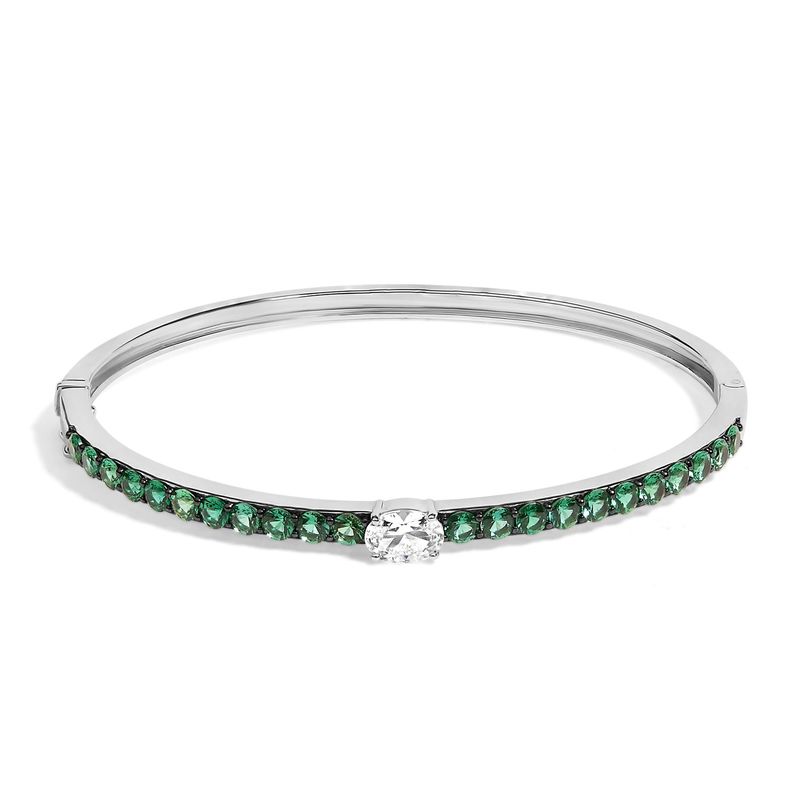 .925 Sterling Silver Created Sapphire and Emerald Semi Eternity Bangle Bracelet - 7&quot; Inches