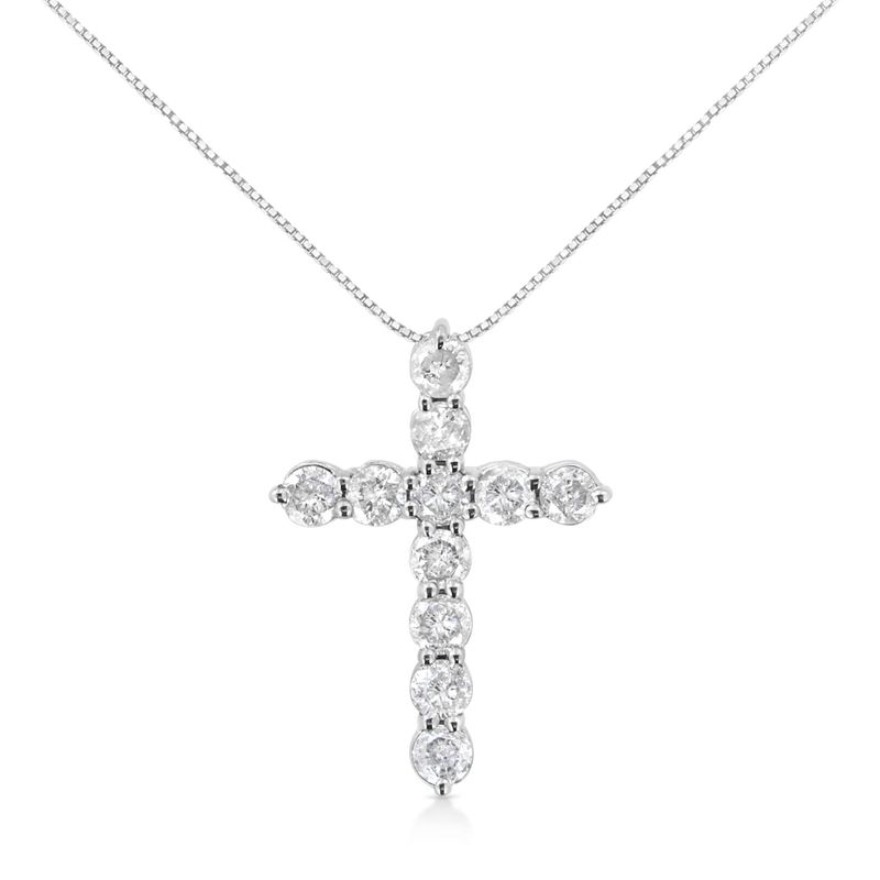 .925 Sterling Silver 1.0 Cttw Prong Set Round-Cut Diamond Cross 18&quot; Pendant Necklace (I-J Color, I2-I3 Clarity)