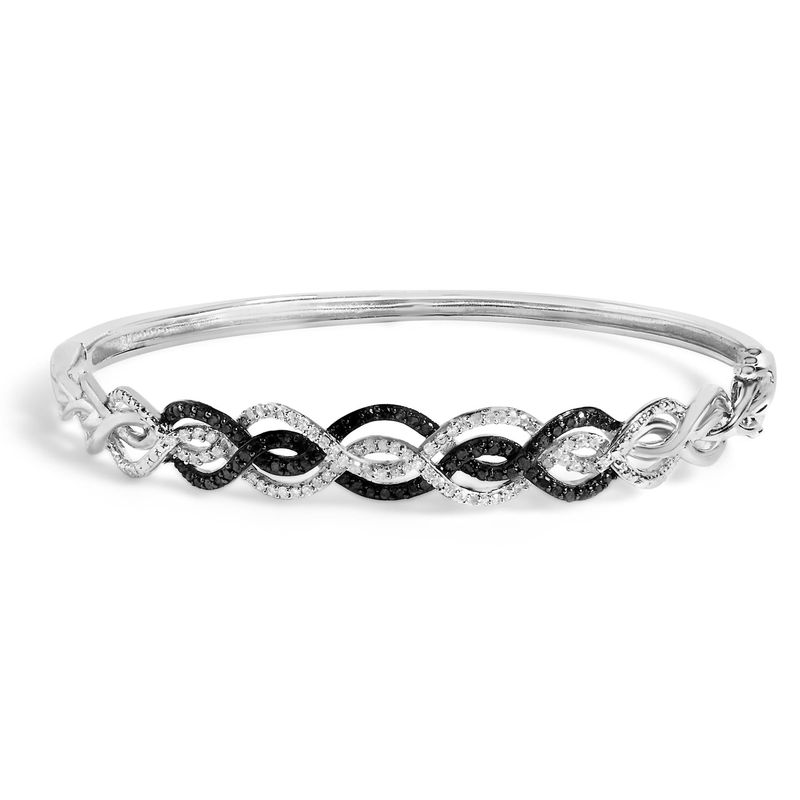 .925 Sterling Silver 3/8 Cttw White and Black Diamond Swirl Bangle Bracelet (Black Color, I3 Clarity) - 7.75&quot; Inches