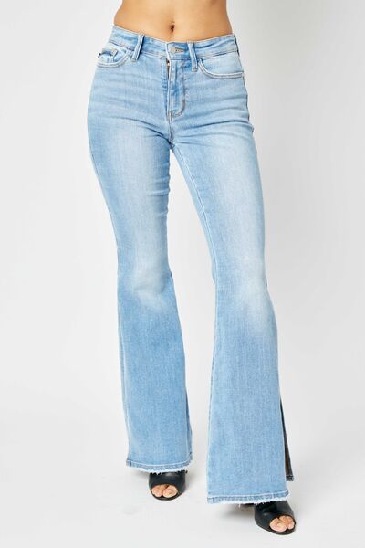 Judy Blue Full Size Mid Rise Raw Hem Slit Flare Jeans-My Goody Shop