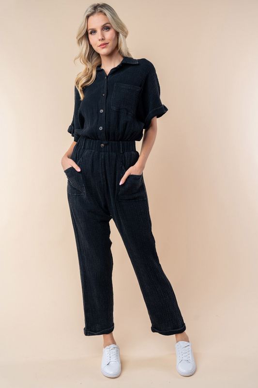 White Birch Texture Short Sleeve Jumpsuit-My Goody Shop