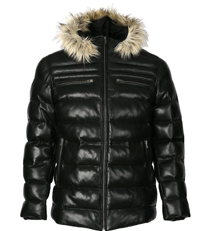 Mens Jeremiah Puffer Leather Jacket with Fur Hoodie (Black)-Inland Leather Co.