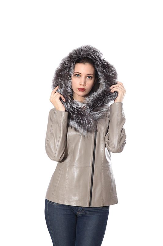 Cidra Womens Real Silver Fox Fur Hooded Leather Jacket-Inland Leather Co.