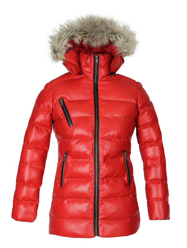 Womens Selina Puffer Leather Jacket with Fur Hoodie (Red)-Inland Leather Co.