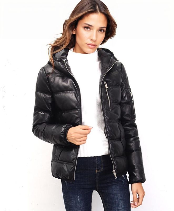 Contra 2020 Black Genuine Hooded Womens Leather Puffer Jacket-Inland Leather Co.