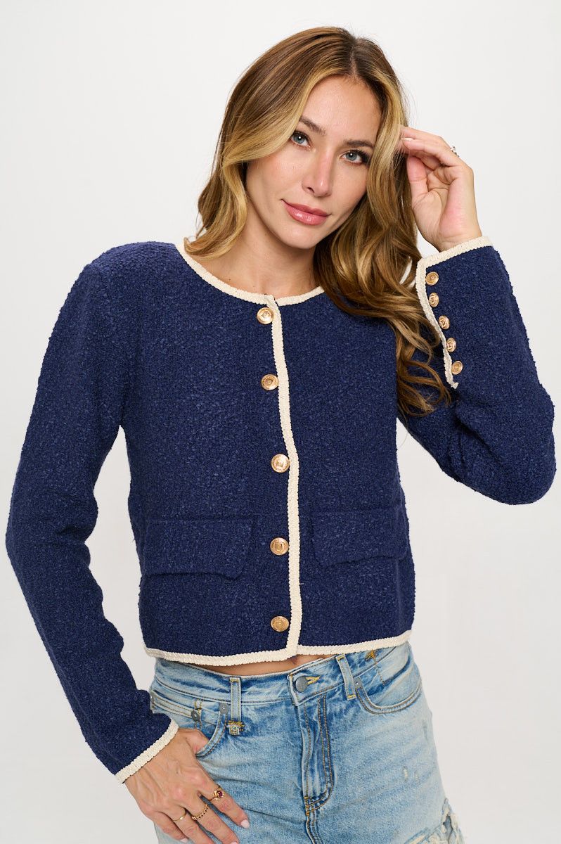 Navy Textured Cardigan Top with Button Detail-Reneecollection