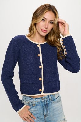 Navy Textured Cardigan Top with Button Detail-Reneecollection