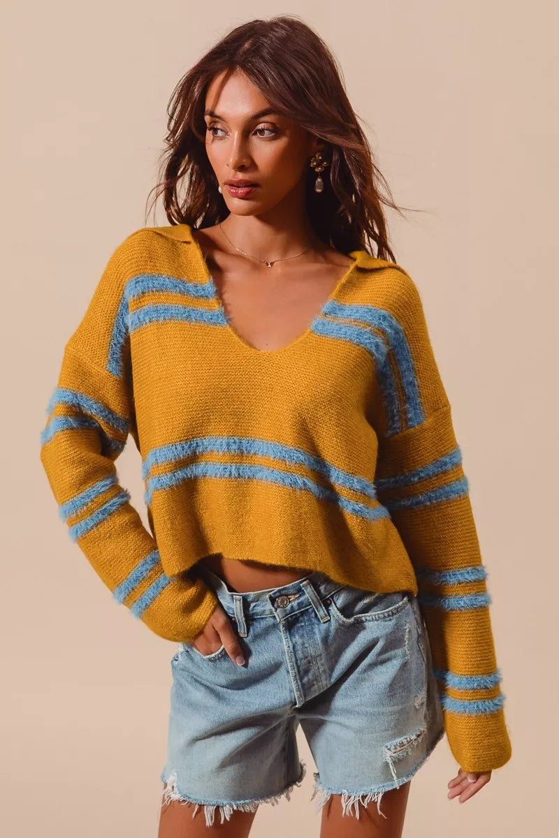 SO ME Fuzzy Hairy Stripe Deep U Neck Sweater