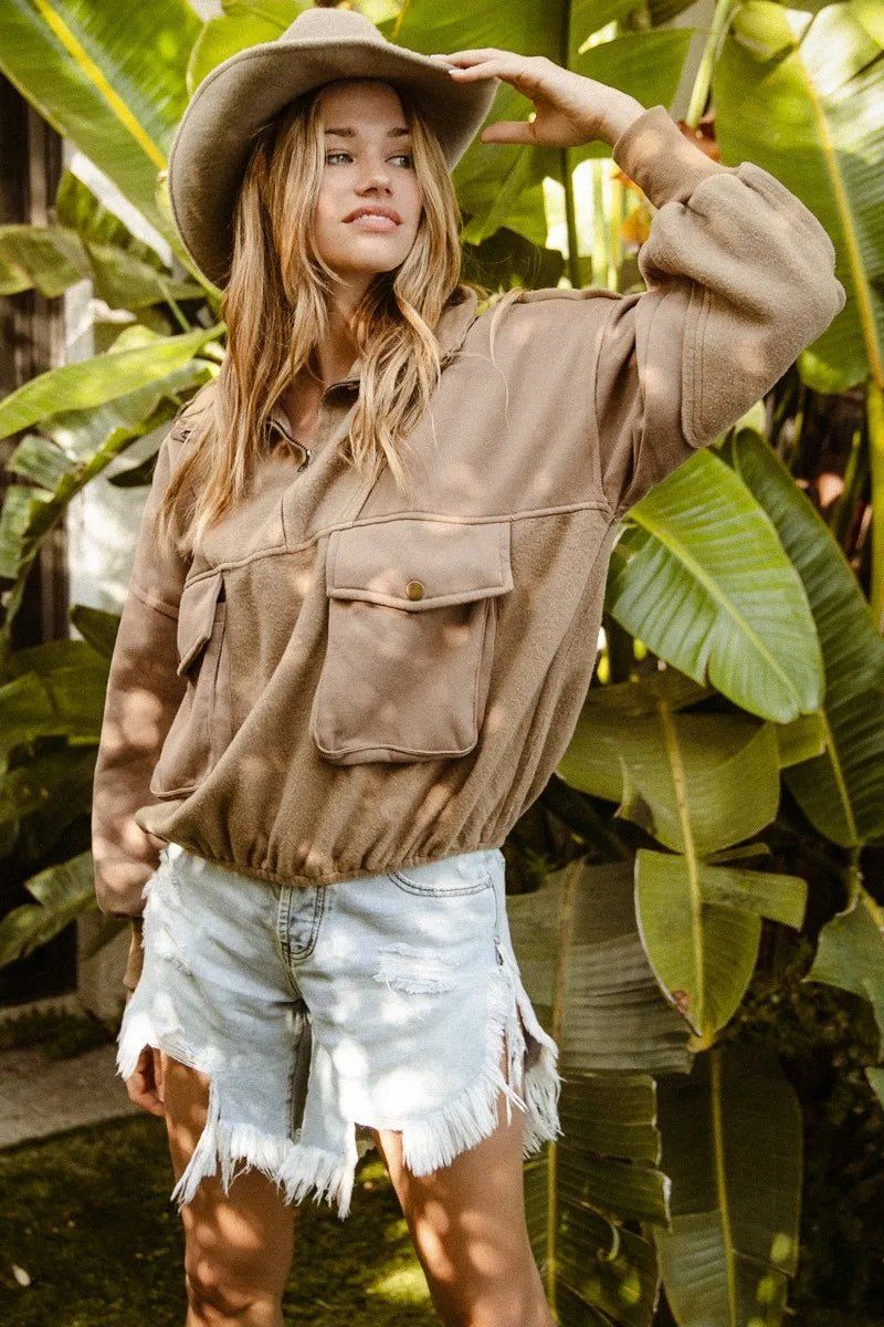 Half Zip Vintage Washed Fleece Pullover- Blu Lotus Boutique