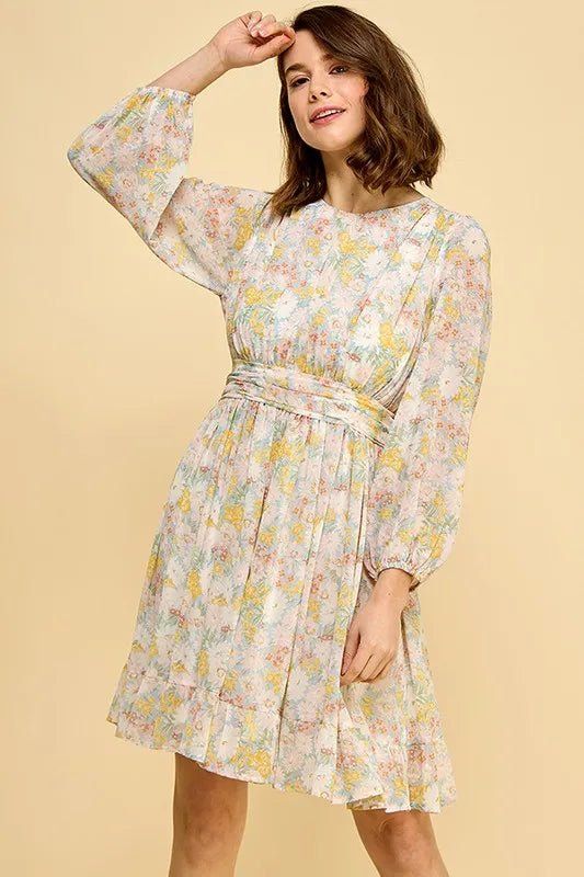 Lime &#39;N&#39; Chili Chiffon Floral Print Belted Dress with Back Zipper- Blu Lotus Boutique