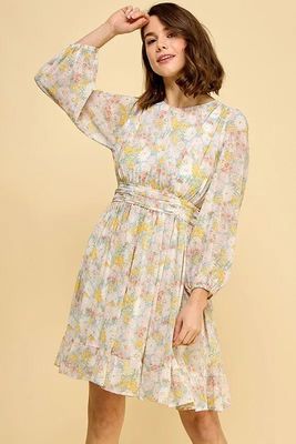 Lime &#39;N&#39; Chili Chiffon Floral Print Belted Dress with Back Zipper- Blu Lotus Boutique