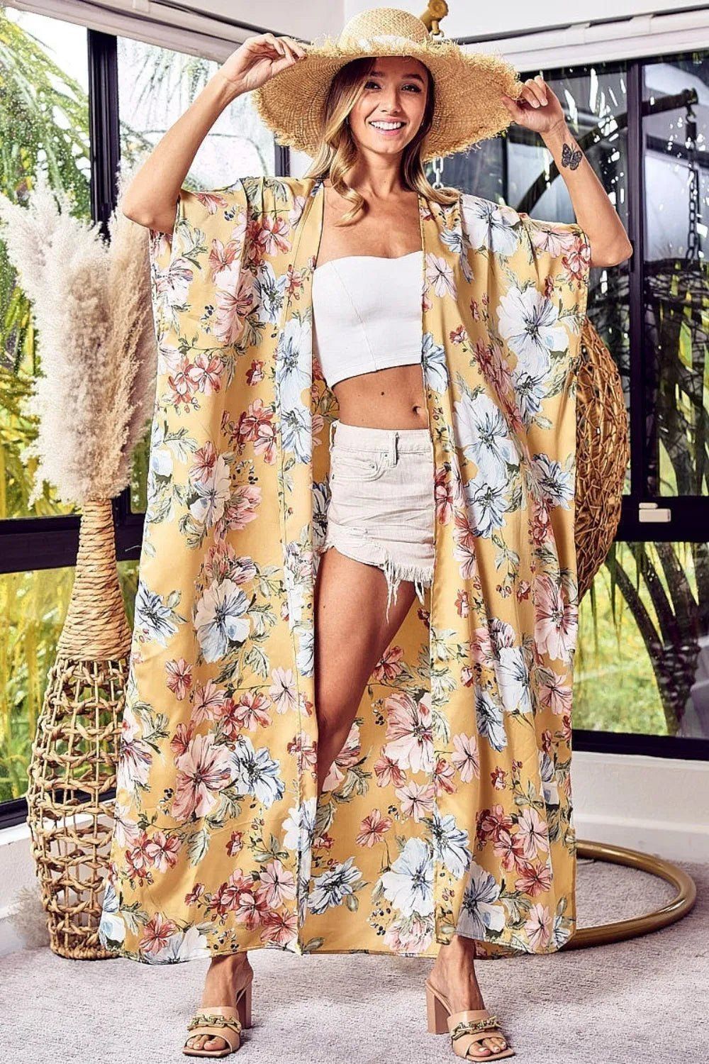 BiBi Floral Side Slit Longline Cardigan- Blu Lotus Boutique