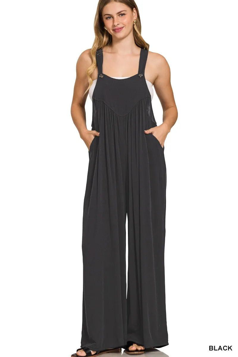 Zenana Woven Rayon Crepe Wide Leg Overalls- Blu Lotus Boutique