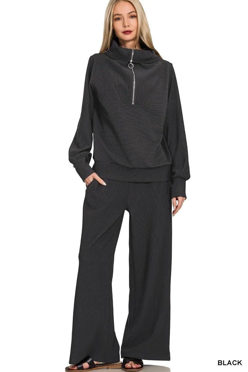 Zenana Ribbed High Neck Half Zip Pullover &amp; Pants Set- Blu Lotus Boutique