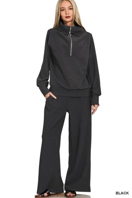 Zenana Ribbed High Neck Half Zip Pullover &amp; Pants Set- Blu Lotus Boutique