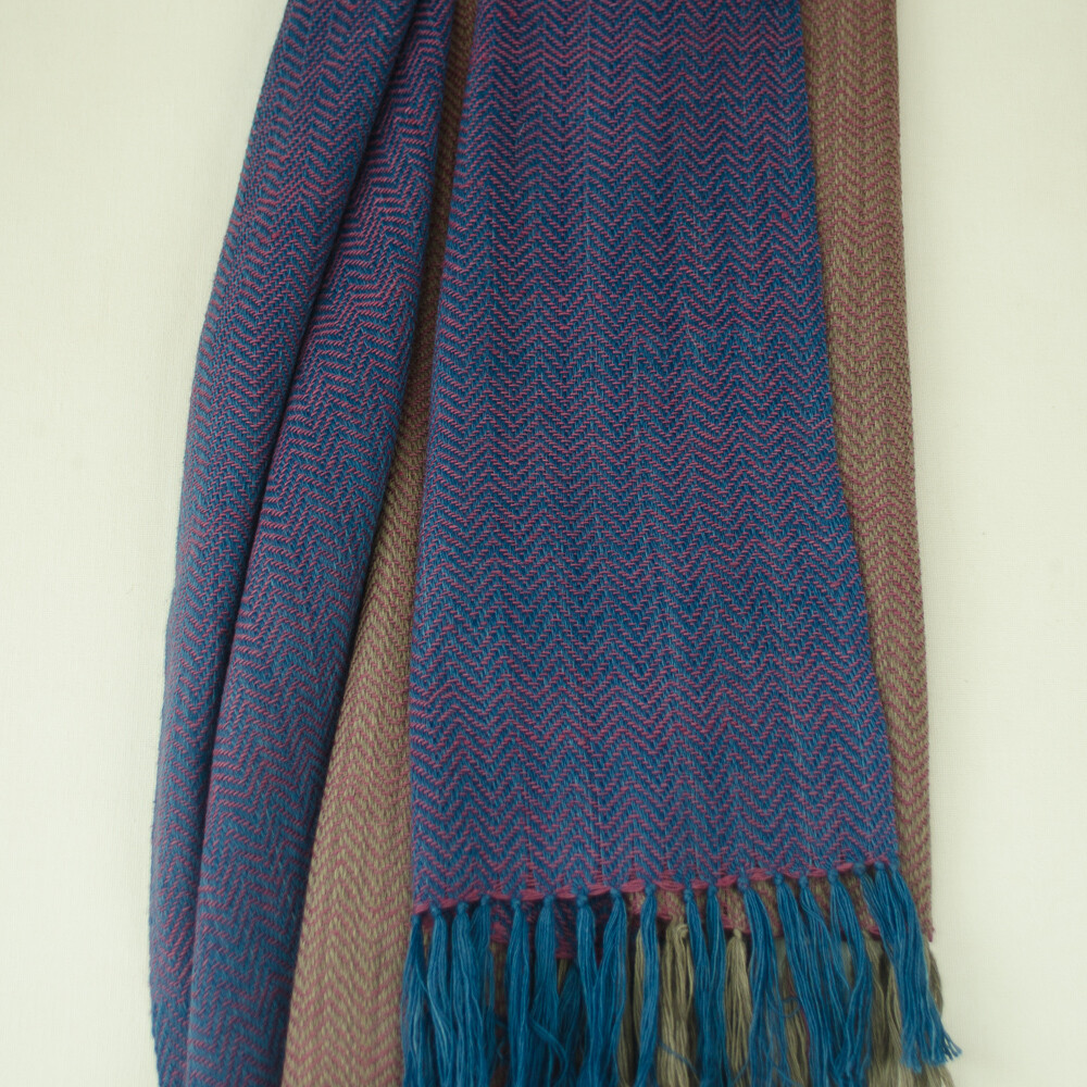 Hand-woven woollen stole dyed with indigo, shellac and harada