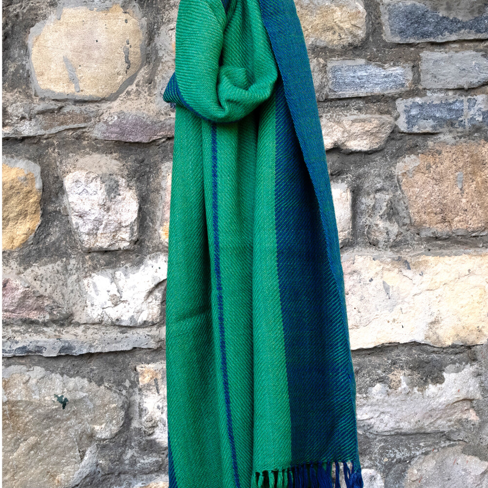 Hand-woven woollen stole dyed with indigo and tesu (Flame of the Forest)