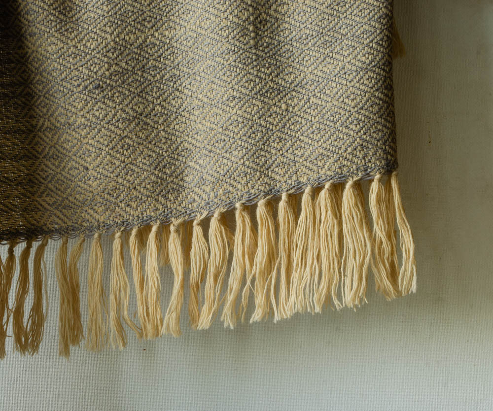 Hand-woven woollen shawl dyed with tea and harada