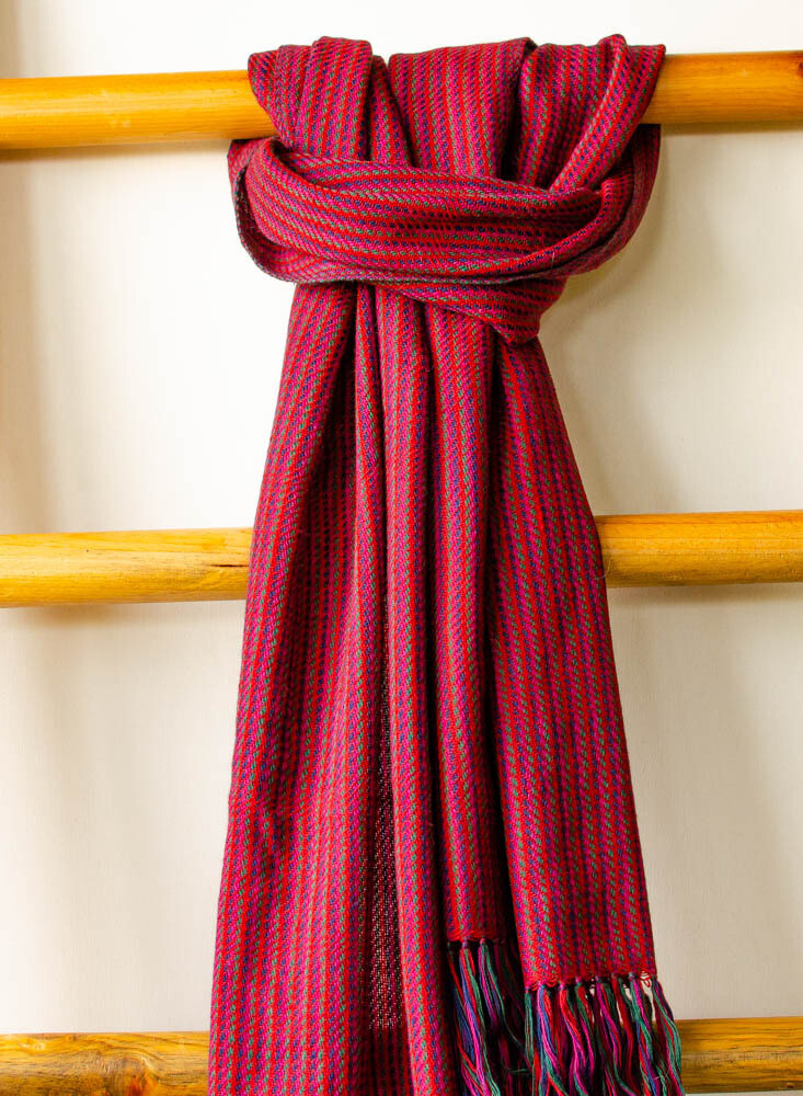 Hand-woven woollen stole dyed with indigo madder tesu and sappanwood