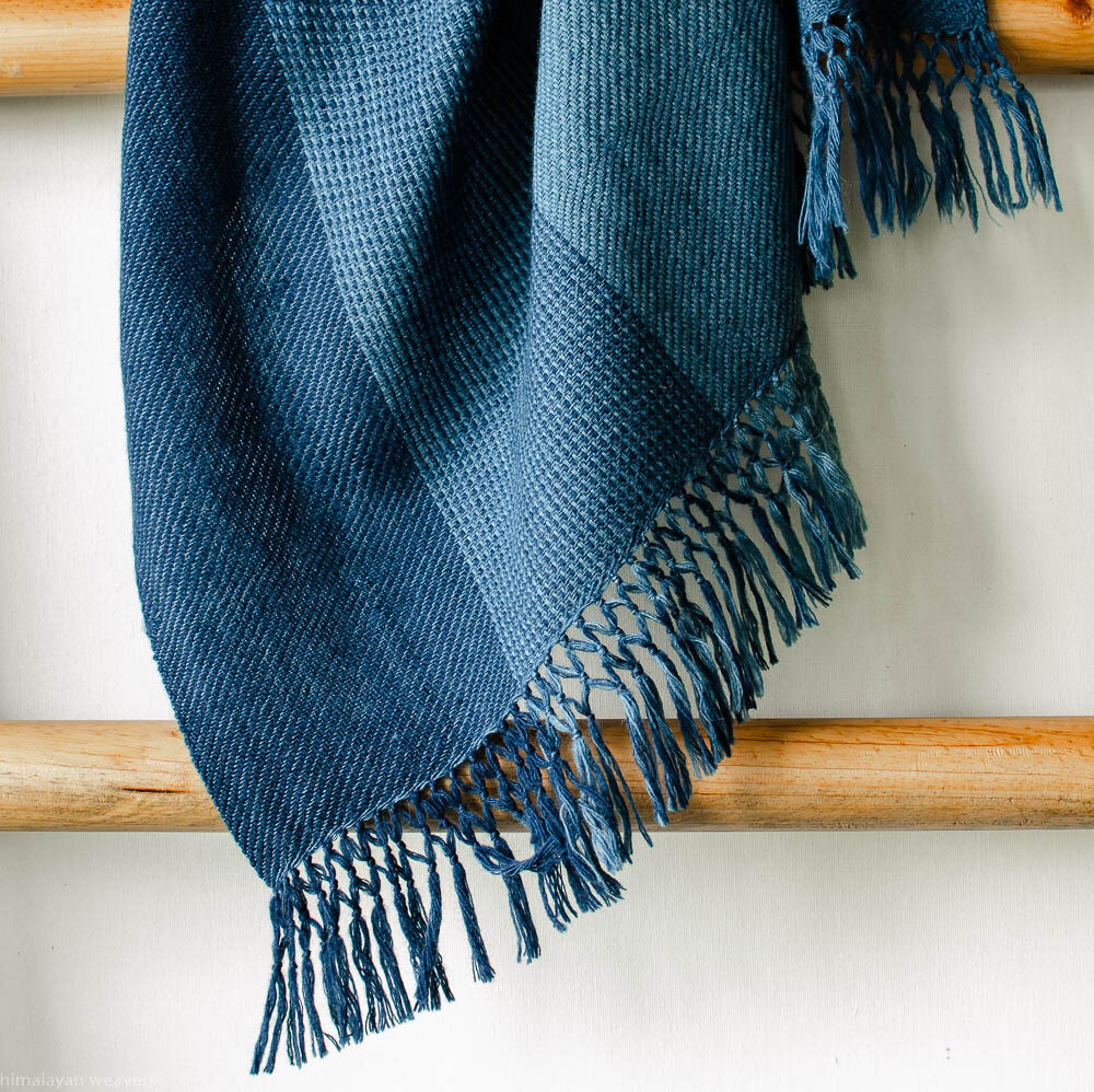Hand-woven woollen stole (small) dyed with indigo. Fringes with double knotting