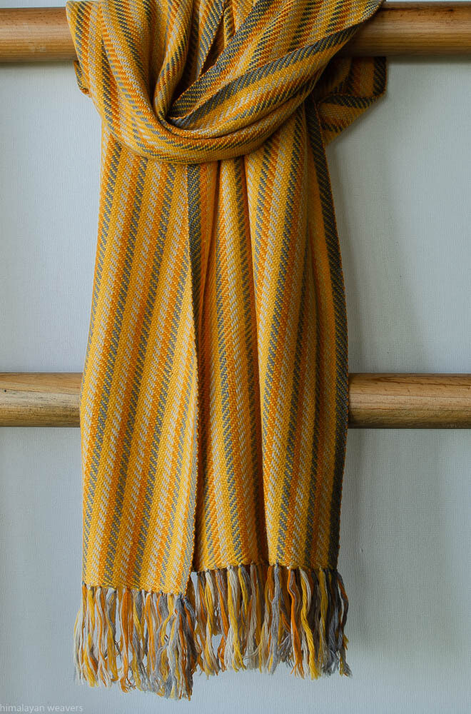 Handwoven Woollen Scarf Dyed with tesu flowers, tea and harada