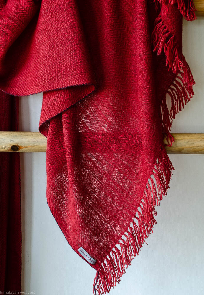 Large handwoven woolen shawl dyed with madder and shellac