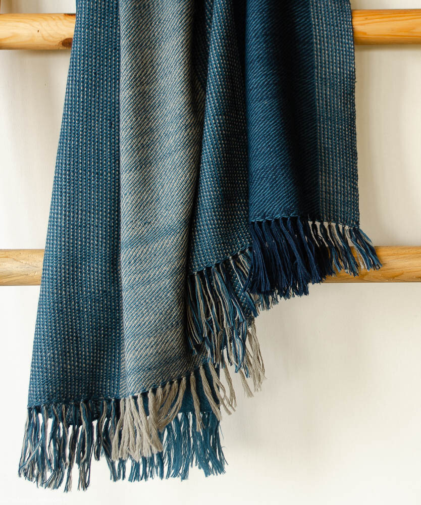 Large handwoven woolen shawl dyed with indigo and harada