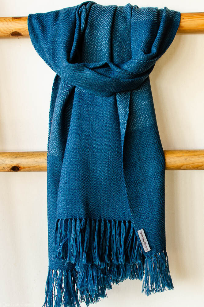 Hand-woven woolen stole dyed with indigo
