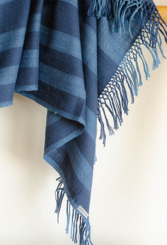 Hand-woven woolen shawl dyed with indigo