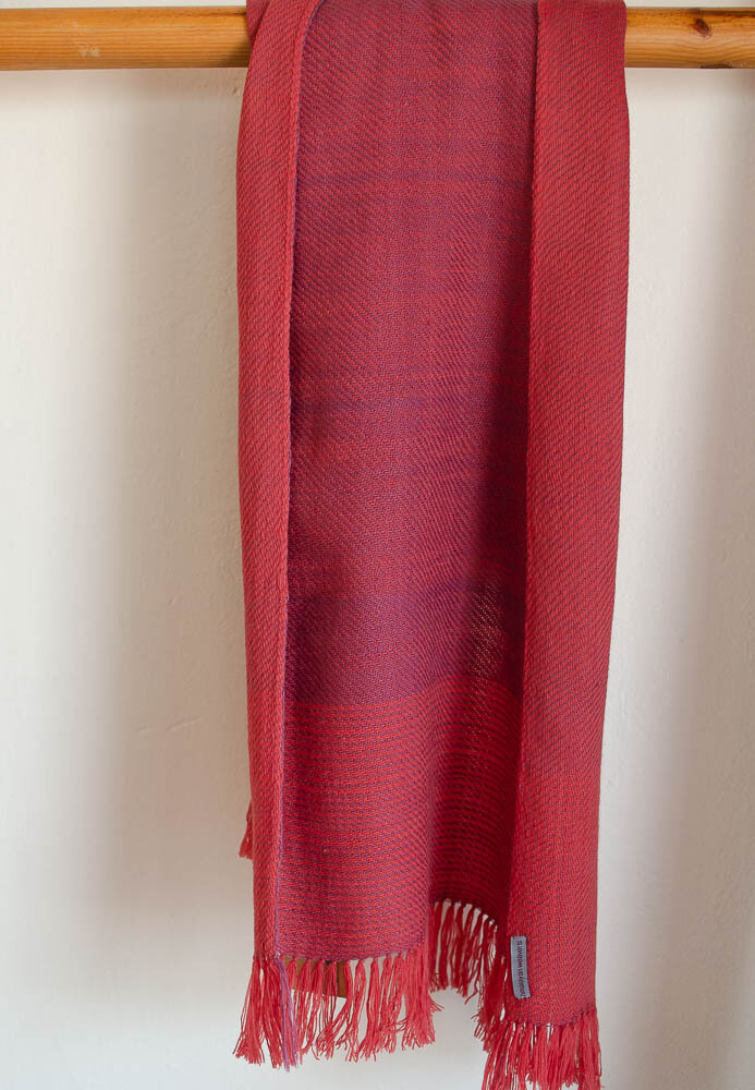 Hand-woven woolen stole dyed with madder and sappanwood. Two shades.