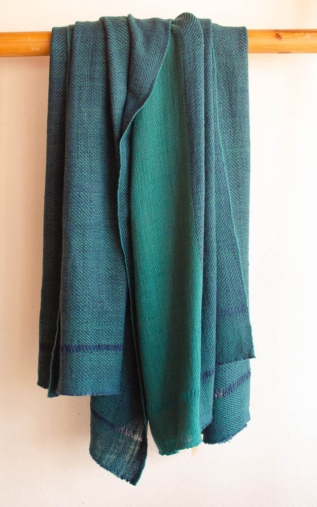 Large woolen Shawl Hand Spun and Handwoven Dyed with Indigo and Tesu Flowers