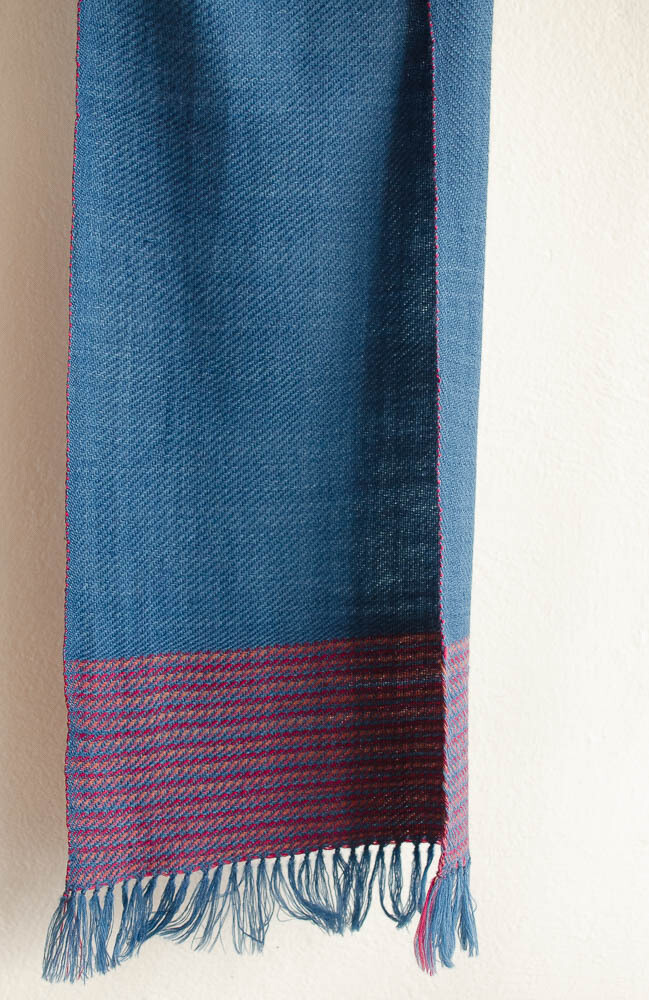 Handwoven Woolen Scarf Dyed with Indigo, Sappanwood and Shelac