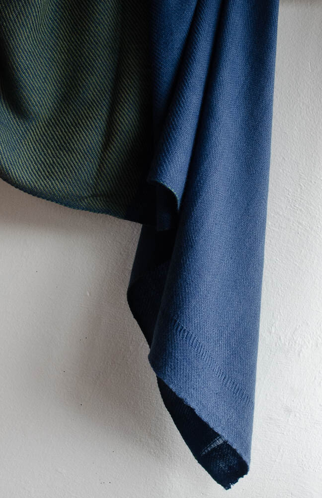 Hand-woven woolen stole dyed with Indigo and Tesu Flowers without tassles