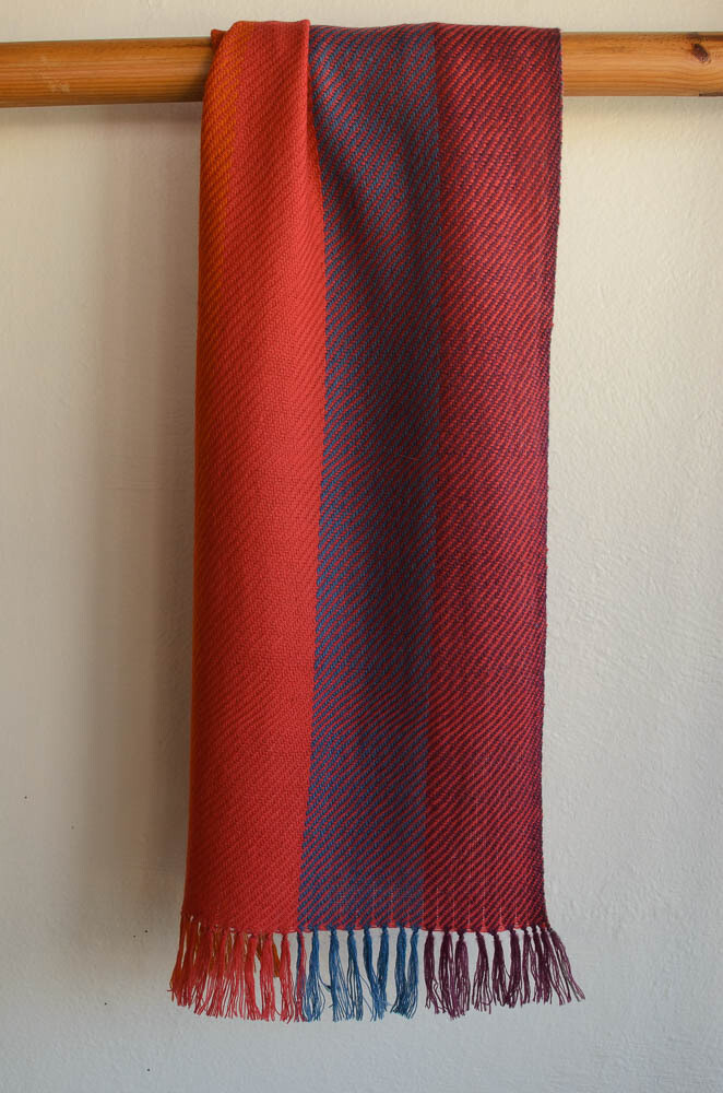 Handwoven Woolen Scarf Dyed with Madder Tesu Flowers Indigo and Sappanwood