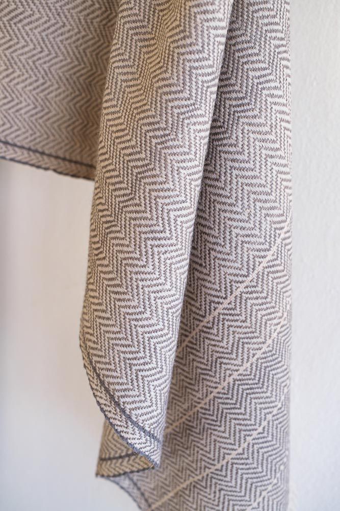 Grey and Beige Woolen Shawl for Women with Herringbone Weave