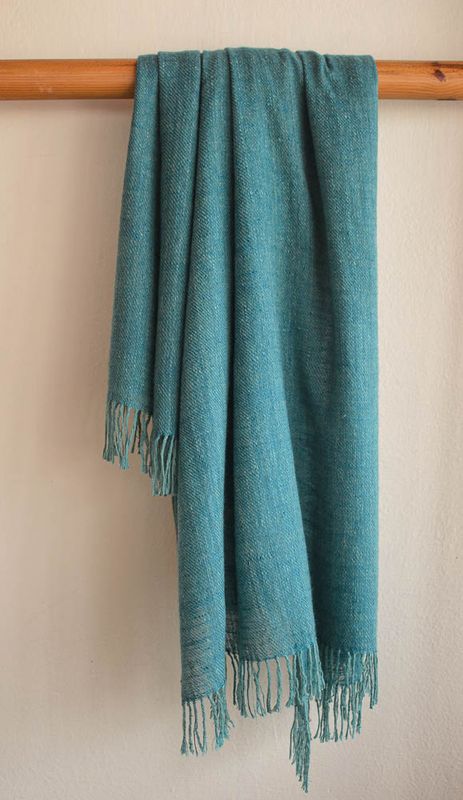 Handwoven Pure Pashmina Shawl- Certified, Handspun Yarn Colour Turquoise From Indigo and Tesu Flowers