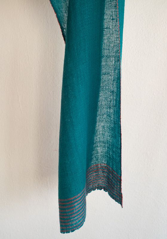 Handmade Pashmina Scarf-Handspun Yarn Colour Turquoise and Red From Natural Dyes Indigo Madder and Tesu Flowers