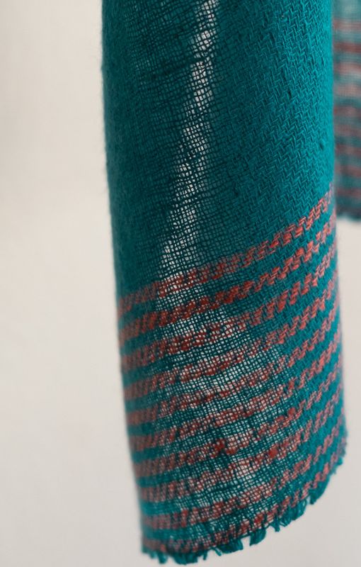 Handmade Pashmina Scarf-Handspun Yarn Colour Turquoise and Red From Natural Dyes Indigo Madder and Tesu Flowers