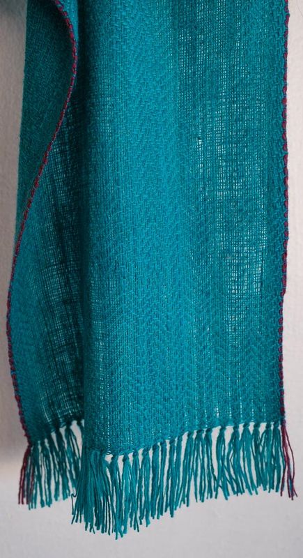 Handwoven Scarf Made with Hand-spun Wool Dyed Turquoise With Indigo, Tesu Flowers and Madder