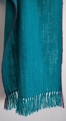 Handwoven Scarf Made with Hand-spun Wool Dyed Turquoise With Indigo, Tesu Flowers and Madder