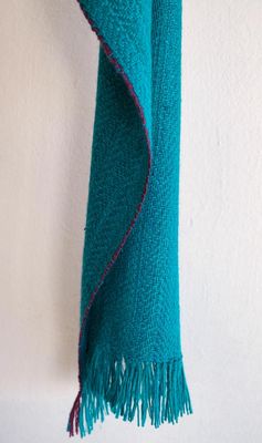 Handwoven Scarf Made with Hand-spun Wool Dyed Turquoise With Indigo, Tesu Flowers and Madder