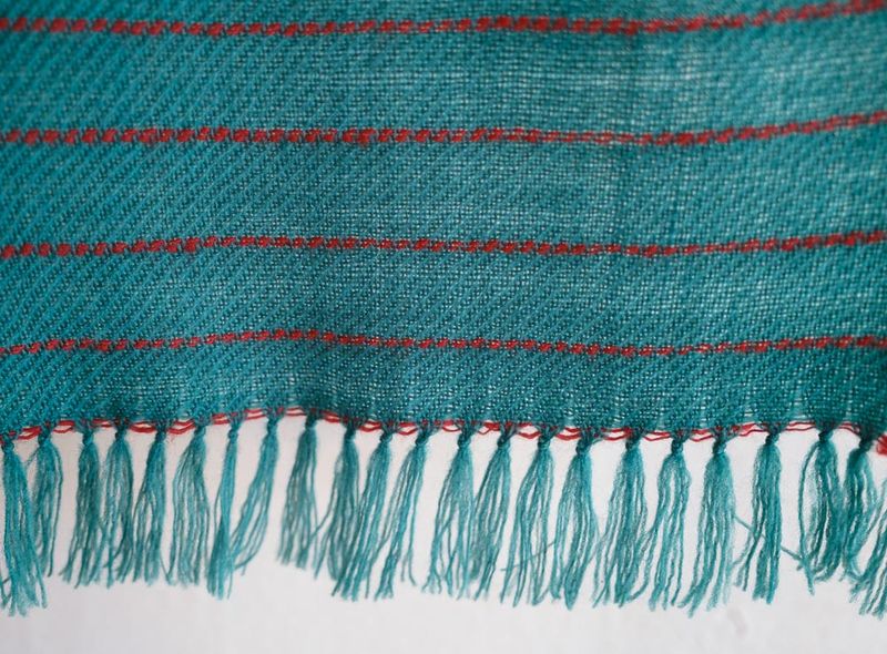 Handwoven Woollen Scarf- Red and Turquoise Colours From Indigo, Tesu Flowers and Madder